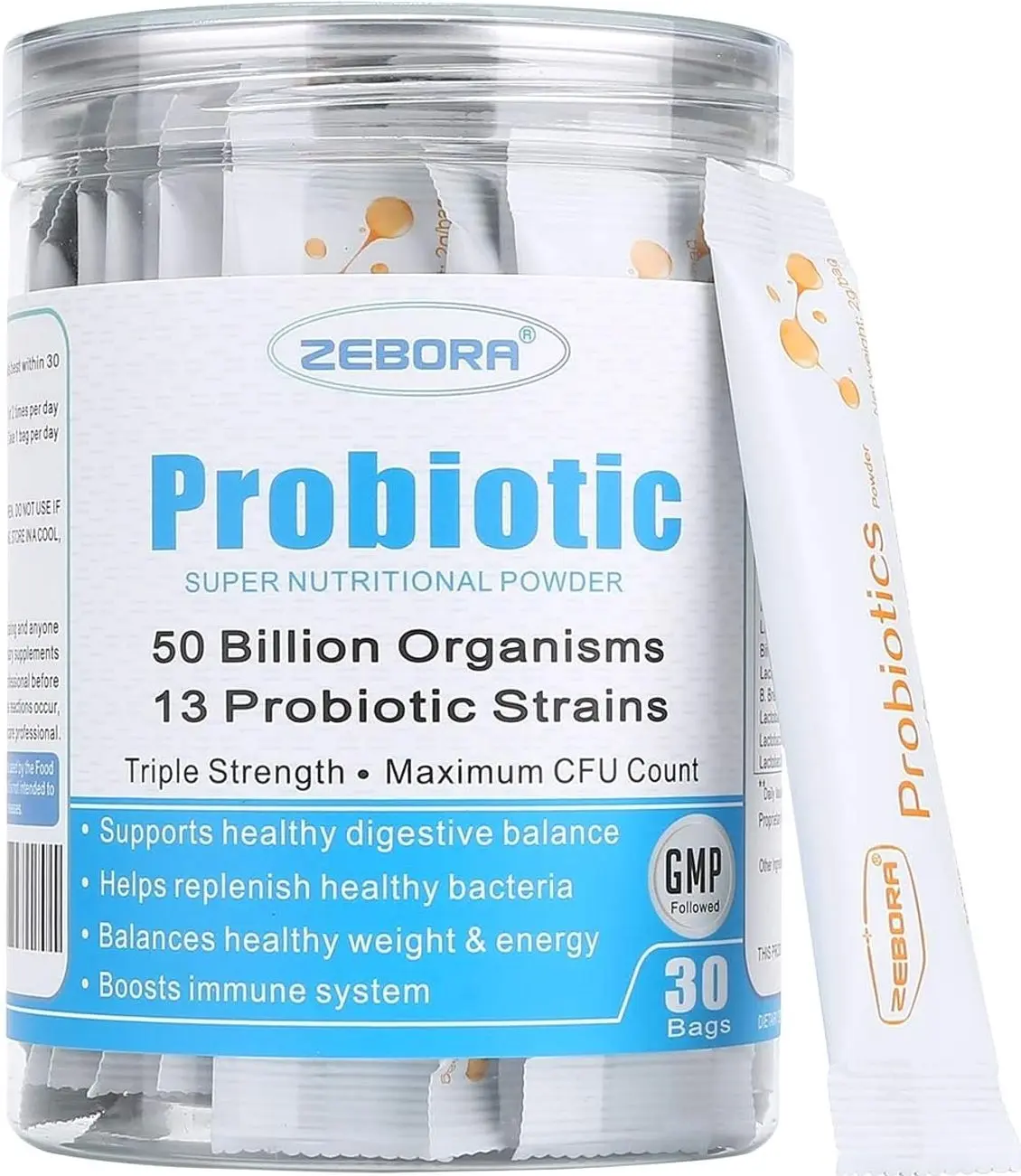 ZEBORA Probiotics for Women, Men and Kids, Prebiotics and Probiotics Powder for Digestive and Immune Gut Health - Support Healthy-Respiratory-System Gluten Free and Non GMO, 30 Packets