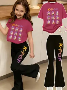Girls' Kpop Print 2-Piece Set, Casual Sporty Short Sleeve Top & Bell Bottom Pants, Comfortable Elastic Waist, Spring Summer