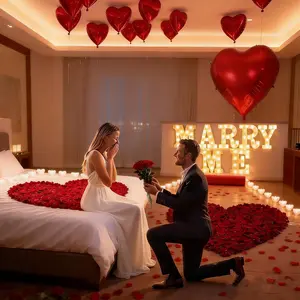 Marry Me Light Up Letters, Proposal Decorations Kit Rose Ring Box, 2000 Rose Petals, 24 Heart Candles, Red Carpet Aisle Runner 16 Feet, 10 Balloons for Valentine's Day & Wedding
