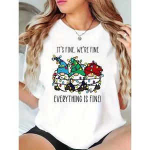 Women's Christmas Gnomes T - Shirt with Colorful String Lights & "It’s Fine We’re Fine Everything Is Fine" Slogan - Casual Xmas Holiday Party Family Gathering Top
