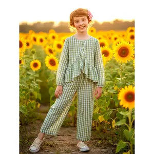 A Trendy Fresh Green And White Checkered for Featuring a Ruffled Single-Breasted Cardigan Paired with High-Waisted Wide-Leg Trousers, Creating a Charming Casual Look, for Outdoor