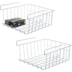s 2-Pack Under Shelf Hanging Storage Baskets - Metal Wire Rack Organizer for Kitchen, Pantry, Cabinet, Bathroom, Desk - Space Saving Shelf Extender (White, Large)