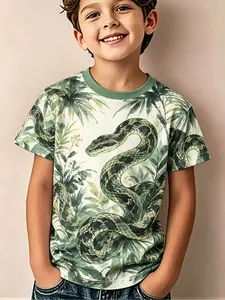 Snake Print Short Sleeve T-Shirt, Boy Summer Fashion Top, Jungle Pattern, Breathable Comfortable Kids Clothes