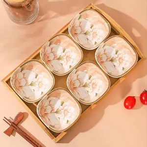 6 Pcs Mini Flowers Ceramic Bowls Set, Chinese Style Ceramic Dipping Bowls, Soy Sauce Dishes, Dishwasher & Microwave Safe- for Dessert, Salad, etc Stackable Tableware