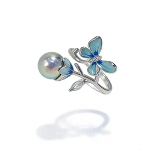 Ring07-Blue Fantacy Seawater Pearl Ring Butterfly Charm with Madama Blue Akoya Saltwater Pearl Ring Blossom Design Romantic Gift