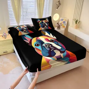 Colorful geometric stitching dog print bed sheet set, Includes 1 Bed Sheet & 2 Pillowcases without Filler, skin friendly and breathable, with multiple styles to choose from, creating a personalized and trendy bedroom atmosphere