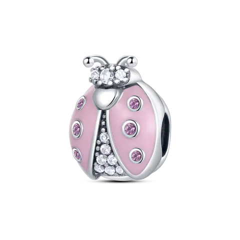 MULA Pink Ladybug Lucky Beads Animal Pendant - Silver-Plated, Zircon-Embellished Daily Wear Costume Jewelry, Compatible with All Branded Bracelets & Necklaces, Teen Girl Gifts
