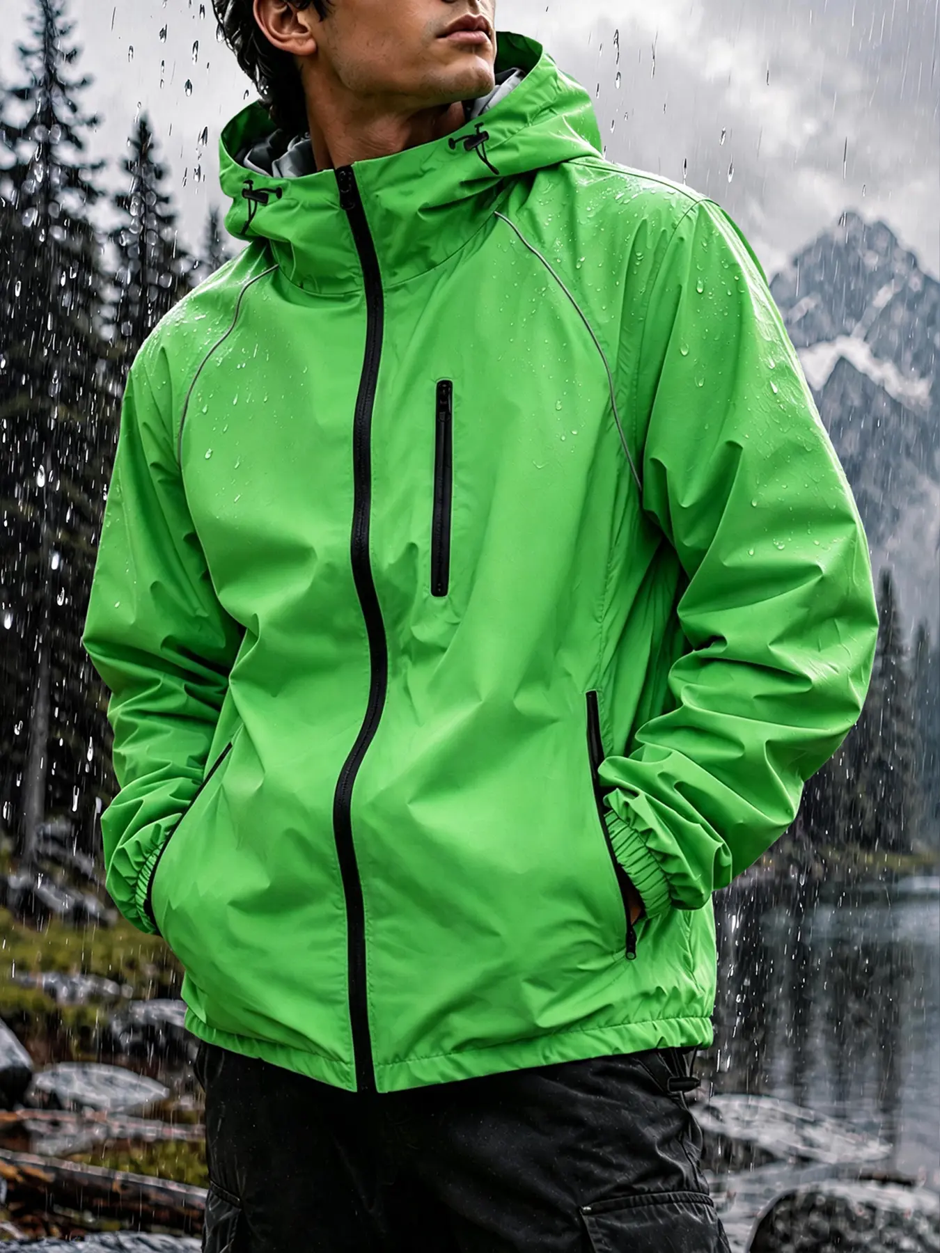 Men’s Packable Hooded Rain Jacket – Lightweight, Foldable, Portable Windbreaker with Reflective Strips, Waterproof for Outdoor Hiking & Travel, Zip-Up Windproof Coat