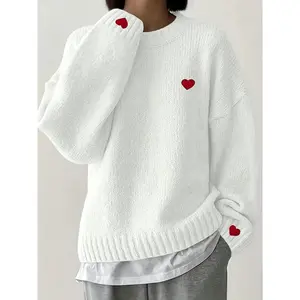 Women’s Fashion Heart-Decor Knitted Sweater, Crew Neck, Long Sleeve, Loose Fit, Sweet Style, Casual Everyday Wear for Spring and Autumn