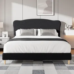 Queen Size Upholstered Platform Bed Frame, Adjustable Soft Fleece Headboard, Rounded Corners Design, Sturdy Wood Slats Support, Noise-Free & Easy Assembly, Black - Only bed frame, not including mattress