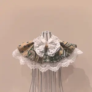 Vintage Inspired Pet Bandana with Bow Tie & Lace Trim - Soft Cotton Cape-Style Bib for Cats & Small Dogs - Adjustable Retro Floral Print Neck Scarf (6-14 inch)