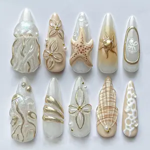 Stylish Beach-Inspired Sea Star Press-On Nails, Mermaid Pearl Design Nail Art, Flower Nails, Perfect for Women & Girls, Ideal for Parties & Travel, Nails Press Ons