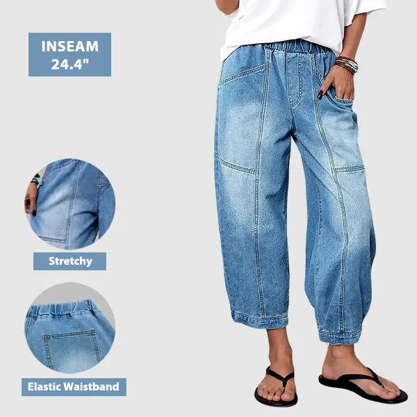 Flamingals Wash Seam Elastic Mid Rise Wide Leg Crop Barrel Jeans Womenswear Stretchy 24.4" Inseam
