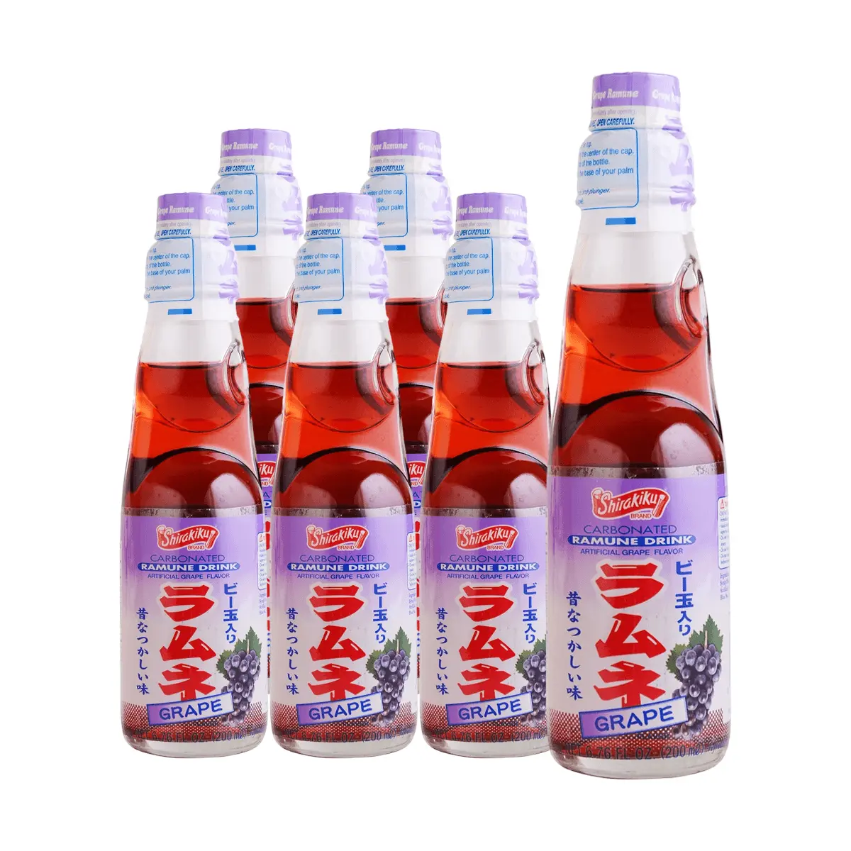 SHIRAKIKU Japanese Grape Ramune Soda - 6 Pack (200ml Bottles) - Authentic Japanese Soda Drink