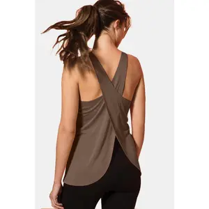 Crisscross Scoop Neck Active Yoga Tank Brown Opaque Moderate Stretch Summer Wear Machine Washable Imported Basic Style