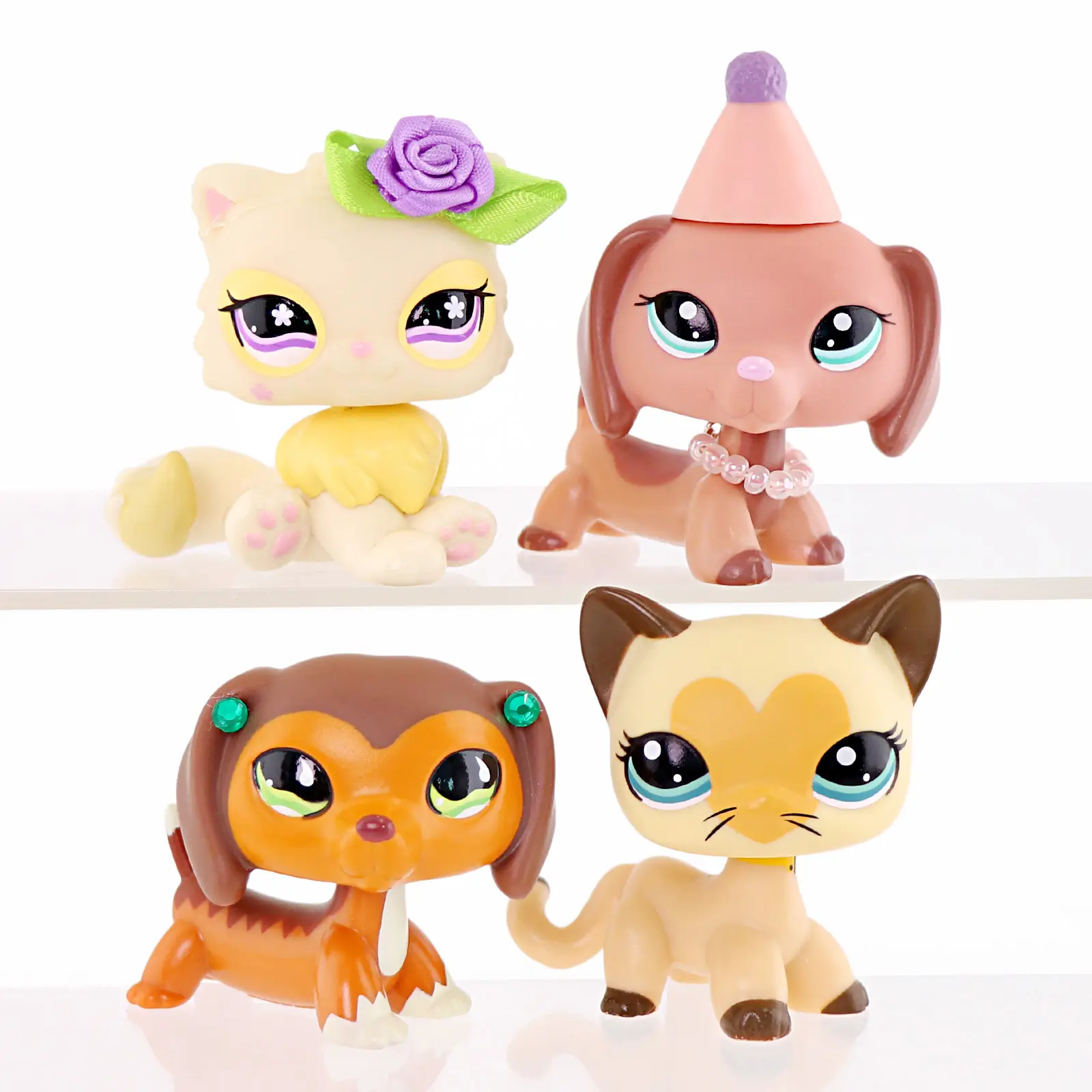 4 Pcs Cute Mini Pet Figurines Set, Kawaii Cartoon Cat & Dog Figures with Flower Bow, Party Hat, Pearl Necklace & Rhinestone Accessories, Small Animal Collectible Toy, Cake Topper, Desk Decor, Girls Kids Birthday Gift