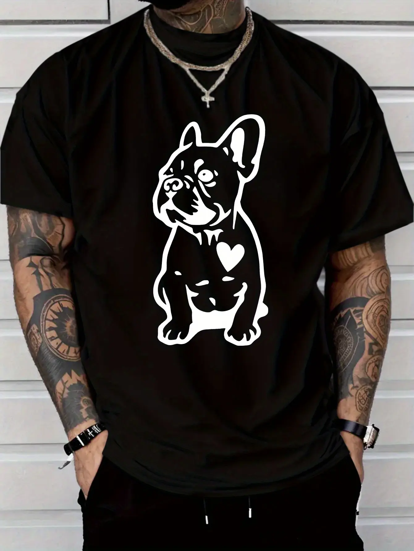 Men's Casual French Bulldog Graphic T-Shirt -  Polyester Lightweight 180gsm, Regular Fit Round Neck Short Sleeve Tee for Summer, Breathable & Comfortable Casual Attire, Ideal Gift for Men, Playful Print Shirt, Nontransparent Fabric