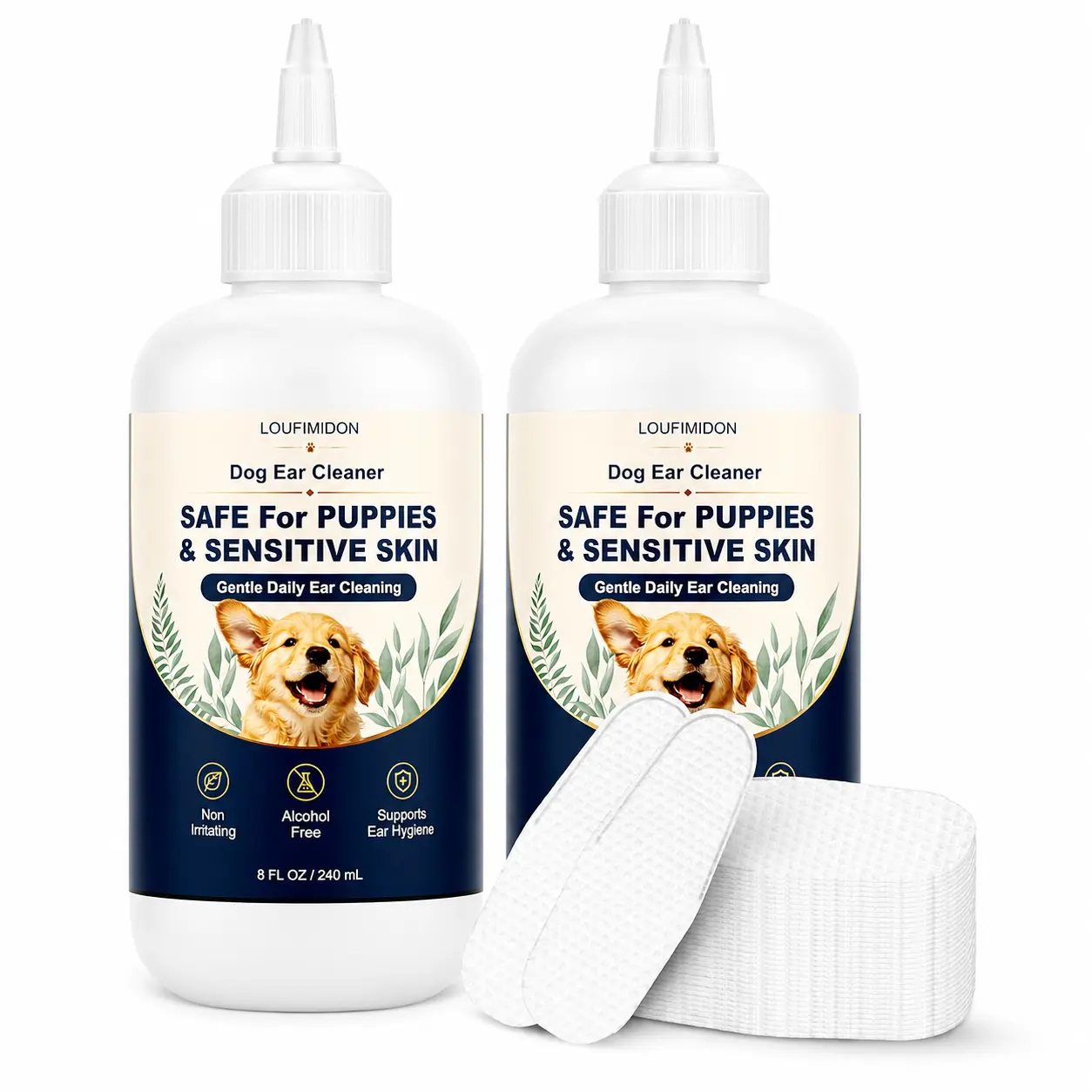 Dog Ear Cleaner Wax Removal Solution (2x8 fl oz) - Puppy Safe Gentle Daily Care for Sensitive Skin, Routine Maintenance Wash with 50 Finger Wipes Finger Pads