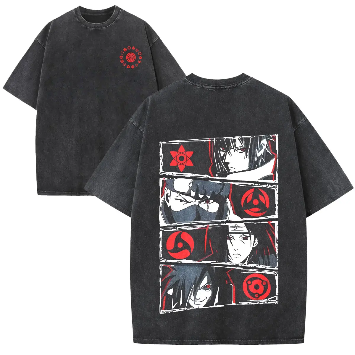 Women's Anime Naruto Sharingan Eyes Graphic Short-Sleeve Top - Vintage Acid Wash Premium Heavyweight Casual Streetwear T-Shirt, Ribbed Hem Retro Oversized Manga Clothing, Tops, Classic
