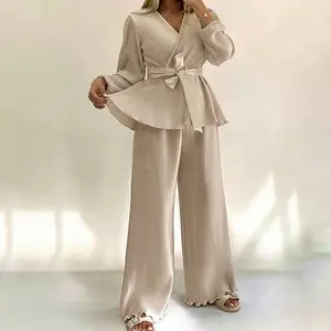 ChicMe Women's 2 Pieces Outfit Overlap V-Neck Lantern Sleeve Tie Waist Ruffle Hem Top and Elastic Waist Wide Leg Pants Set Vintage Frill Hem Satin Pleated Commuting Set