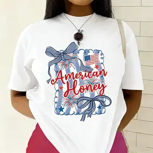 Patriotic USA Flag Cotton Tee With Retro Coquette Bow Design For Independence Day