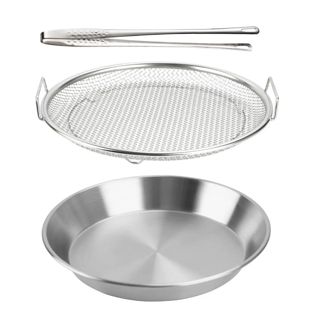 3PCS Stainless Steel Oil Draining Rack And Tray Set, Round Wire Mesh Deep Fryer Basket Filtering And Vegetable Washing with Barbecue Clip Kitchen Cooking Gadgets
