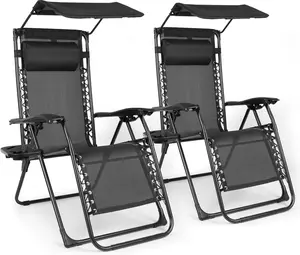 Zero Gravity Chairs Set of 2Outdoor Recliner Patio Lounge Chair with Canopy Shade Foldable Outdoor Lounger with Cup Holder Tray for Backyard Beach Camping Black