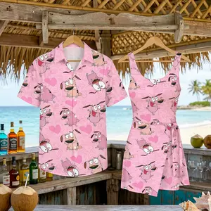 Courage The Cowardly Dog Pink Pattern 2026 Vacation Couple Set Dress and Shirt Hawaii, Retro Cartoon Fan Apparel, Summer Outfit | 300326.R3032.ID00