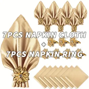 14pcs elegant satin napkin and napkin ring set-7pcs satin napkin, 7pcs napkin ring is suitable for weddings, festivals and special occasions-smooth fabrics, holiday tableware, Kitchenware Home