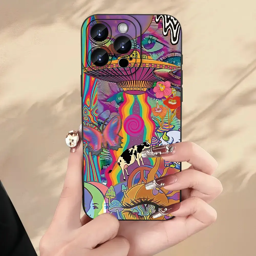 Colorful UFO Alien Cow Butterfly Flower Printed Mobile Phone Case, Thick Full-Body Protection, Creative Personality Fashion Accessory for iPhone 8/8 Mini/16/17/16 Plus/16 Pro/16 Pro Max/17 Plus/17 Pro/17 Pro Max, Accessories