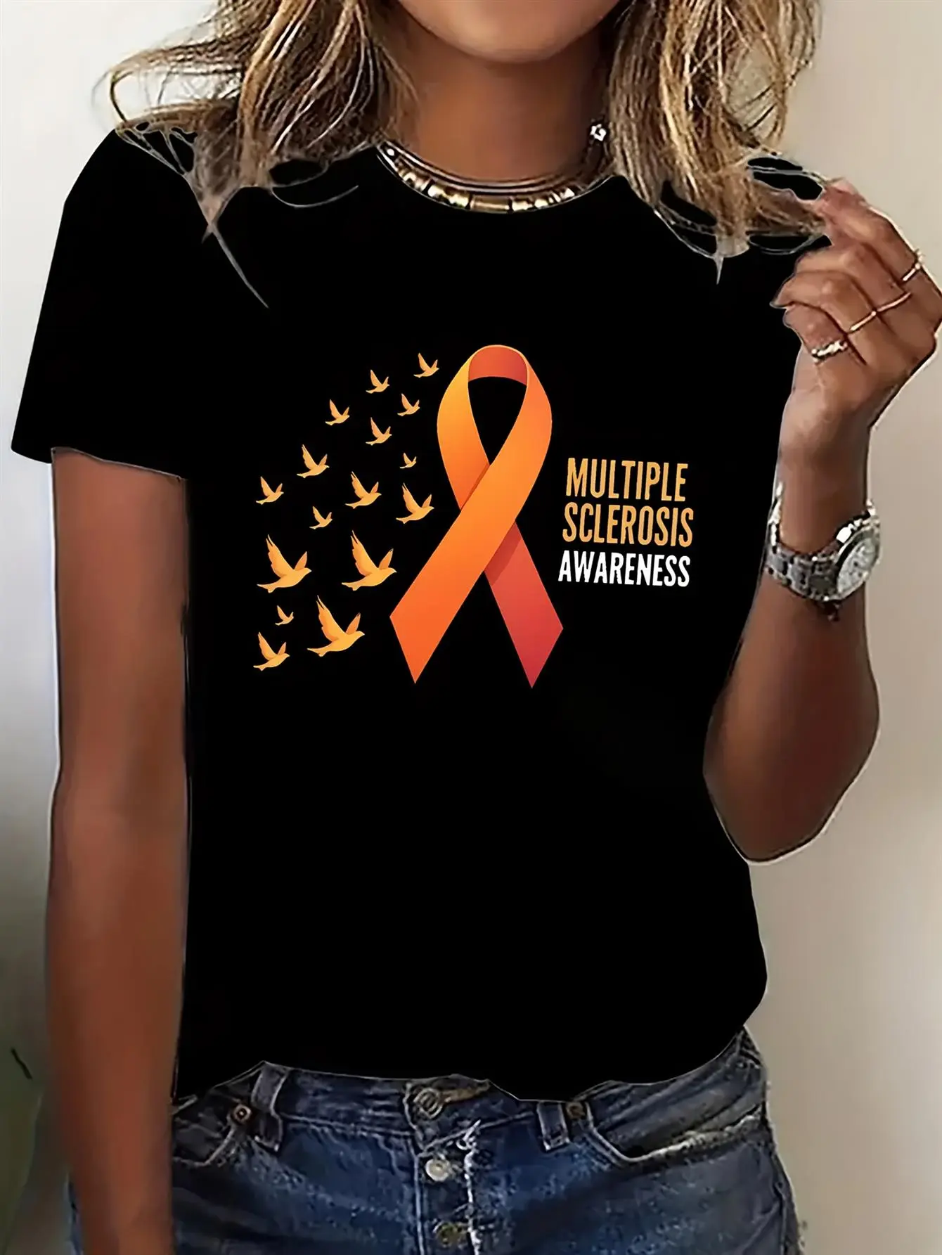 Women's MS Awareness Ribbon & Multiple Sclerosis Lettering T-Shirt - Y2K Style White & Orange MS Advocacy Design, Breathable Round Neck Short Sleeve, Relaxed Fit Charity Event Apparel for MS Group Outfits, Everyday Confidence (Multi