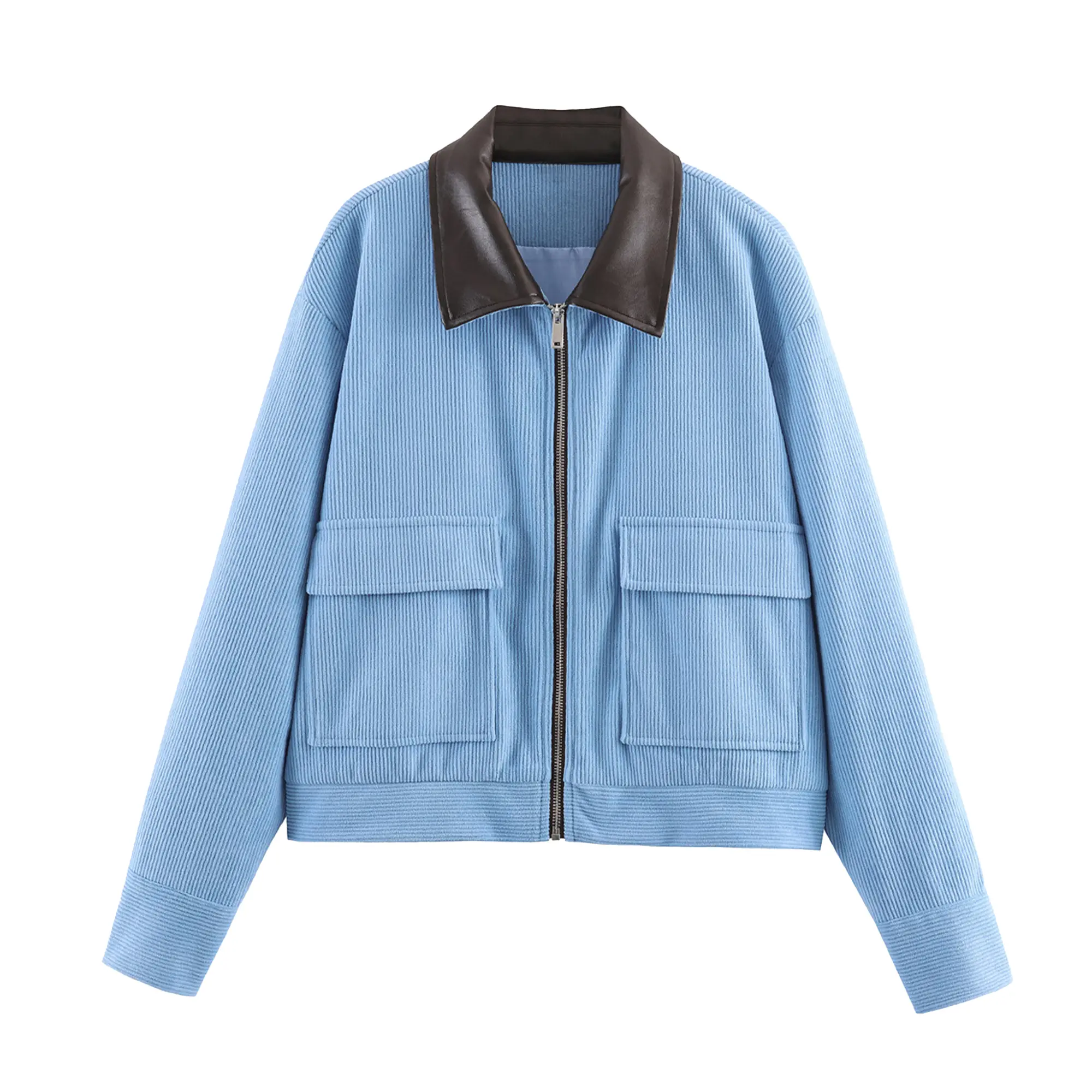 Hixiaohe Women's Short Corduroy Jacket Faux Leather Collar Jacket Zip-Up Casual Workwear Jacket Long-Sleeve Shirt-Style Jacket Stylish Outerwear