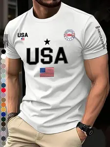 Men's Usa Print Casual T-Shirt, Embossed Usa Letters & American Flag Print, Stretchy Soft Breathable Moisture-Wicking Round Neck Top