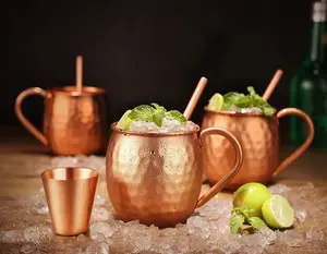 Set of 4 Handcrafted 100% Pure Copper Moscow Mule Mugs Hammered Finish 16 Oz. Gift with Shot Glass and 4 Pcs Straws