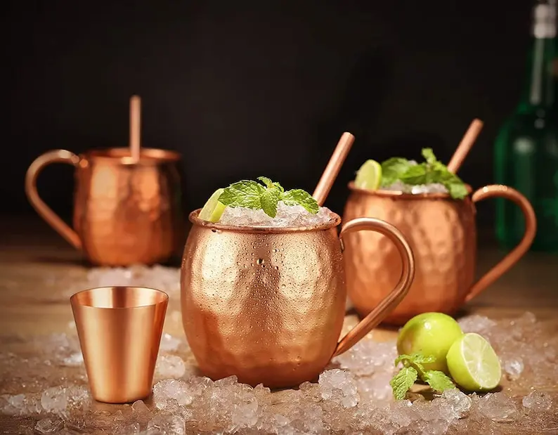 Set of 4 Handcrafted 100% Pure Copper Moscow Mule Mugs Hammered Finish 16 Oz. Gift with Shot Glass and 4 Pcs Straws