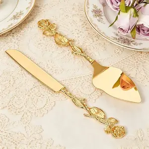 Personalized Gold Cake Cutting Set, Engraved Cake Knife & Server, Wedding Bridal Shower Gift, Custom Pizza Pie Pastry Cutter Server for Birthday Party (F‑Rose)