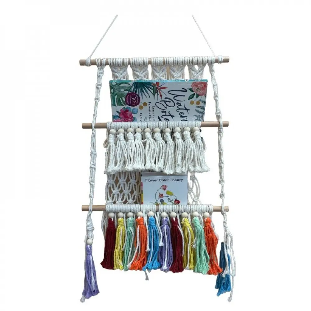 212 MAIN SC-106.51.431 Cotton Macrame Multi-Use Hanging Stand with 3 Slots, Home Organizer Storage Rack for Room Decor Artwork