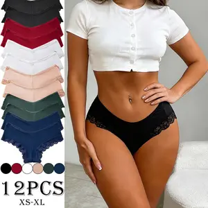 Women's 12-Piece Basic Solid Color Minimalist Soft Lace Body-Shaping Briefs - Direct Factory-Packaged, Form-Fitting, Breathability, High-Stretch, Butt-Lifting, Skin-Friendly, Low-Rise, Triangle Fabric for Casual Everyday Wear & Dates, Direct Factory-Packa