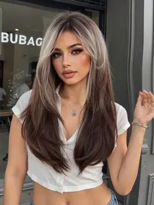 22 Inch Ombre Bangs Long Wig for Women, Daily Wear & Holiday Styles, Synthetic Hair Replacement System, Natural-Looking Design, Ombre Layered Wigs