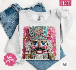 Faux Rhinestone Nutcracker Sweatshirt, Trendy Women's Christmas Crewneck