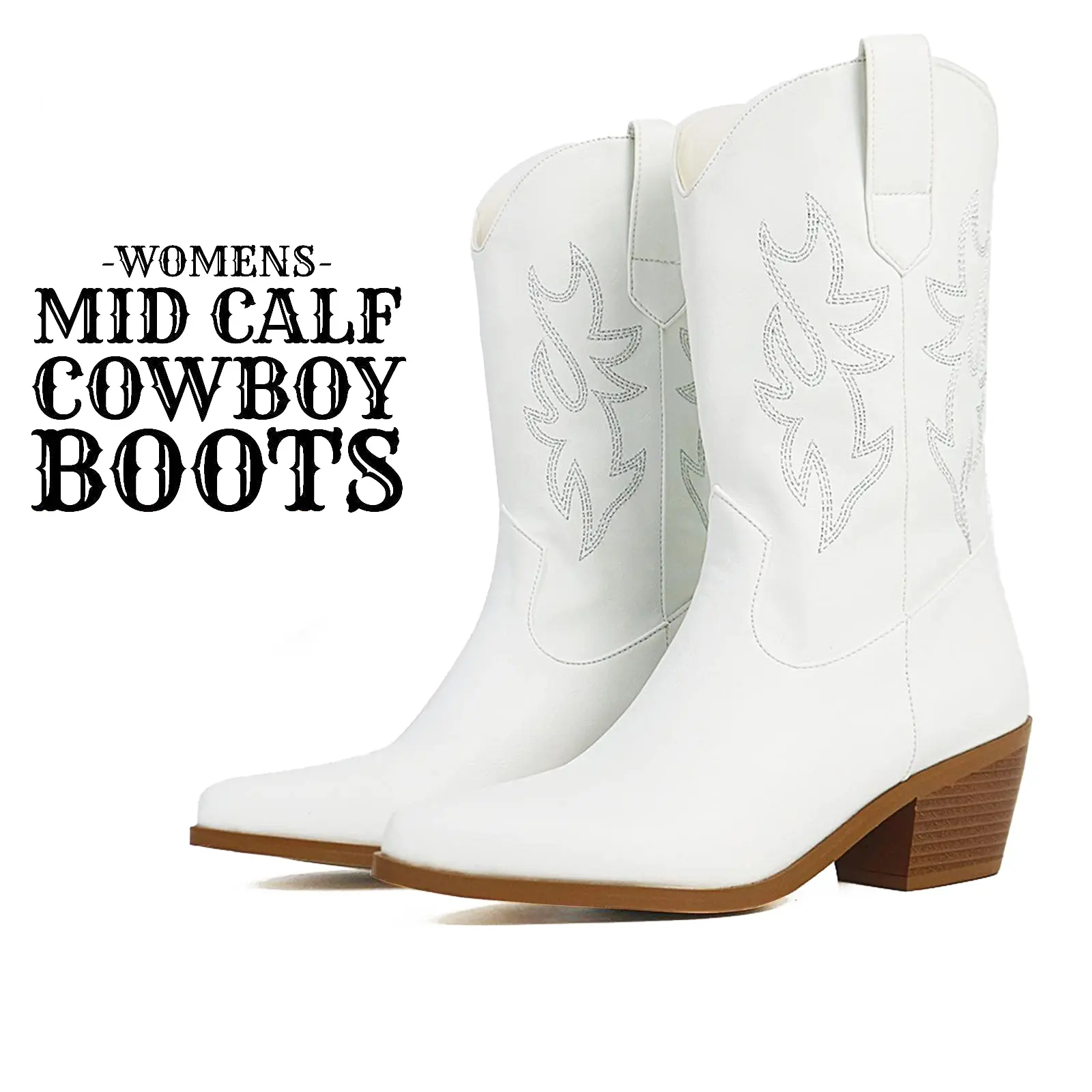 CYNLLIO Womens Mid Calf Cowboy Boots Elegant Embroidered Design Pointed Toe Chunky Block Heel Pull On Comfy Fashionable Party Outing Dating Holiday Concert Country Dance Dress Summer Western Cowgirl Boot