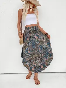 Boho Style Blue Mandala Print Asymmetrical Midi Skirt, Casual Fitted Fall Fashion, Unique Patterned Women's Clothing