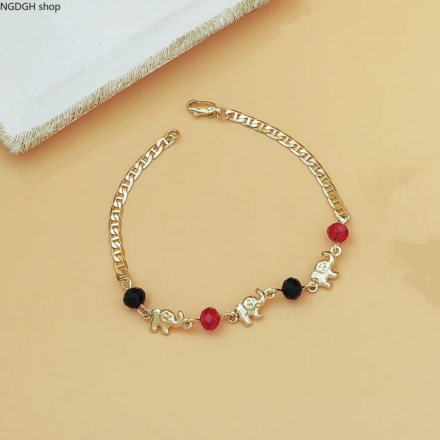 Gold Elephant Charm Bracelet - Animal-Themed Figaro Chain with Red & Black Synthetic Beads, Dainty Lucky Design, Hypoallergenic Sports & Outdoor Accessory for Daily Wear & Gifting