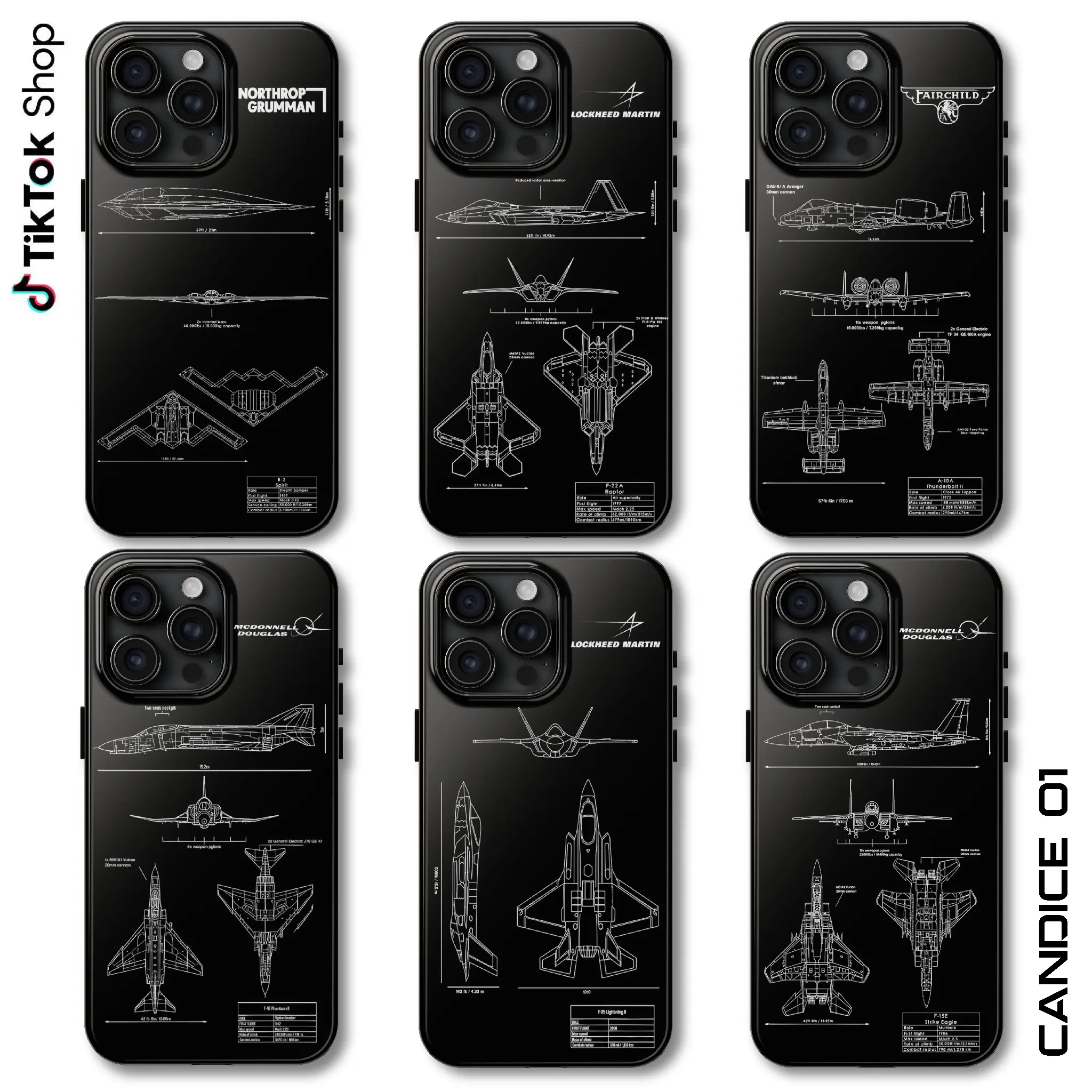 US Military Fighter Jets Blueprint shockproof junk Phone Case, B2 Spirit, F22 Raptor, A10 Warthog, F4E Phantom II, F-35 Lightning II & F-15 Strike Eagle Aircraft Cover, Custom Protective Case for iPhone 17 Pro Max ipone promax Eclipse Case Co.