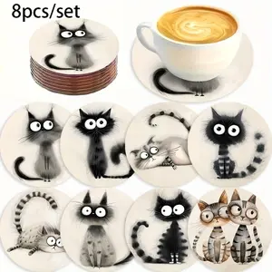 8-piece set of cat coasters |   Special for Coffee and Tea Drinks |   Perfect Gift for Cat Owners |   Wooden Anti-Slip Desktop Decoration |   Unique Cat Pattern Design | Kitchen Coasters