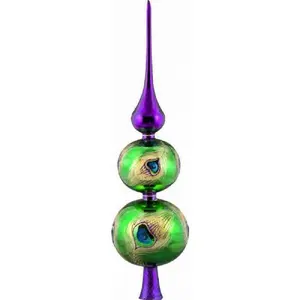 Joy to the World Peacock Finial Polish Glass Christmas Tree Topper 16 inch