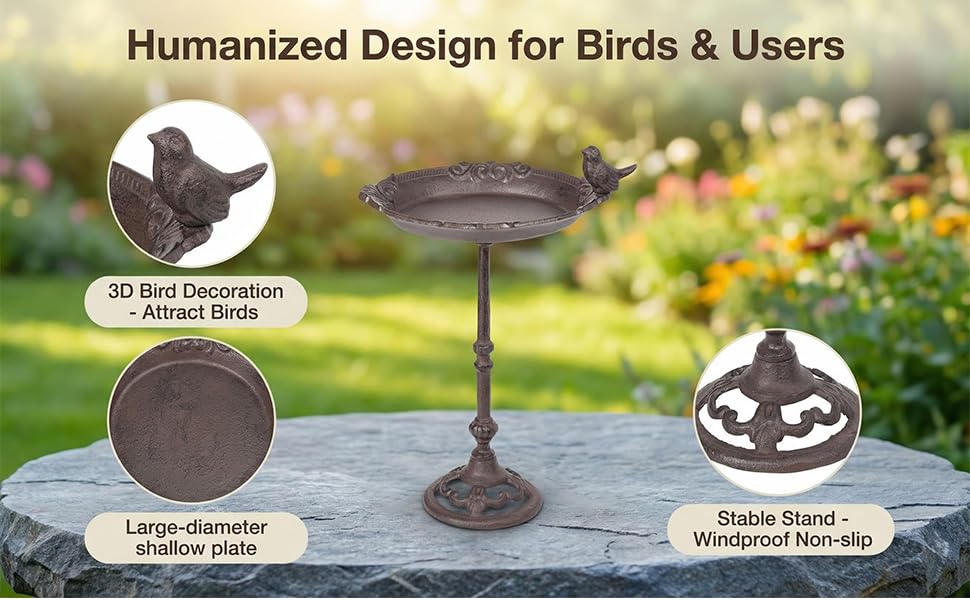 Sungmor Vintage Cast Iron Birdbath for Outside,15.6" Tall Bird Feeder with Adorable Bird Statue,Freestanding Oval Water Bowl,Distressed Brown Finish