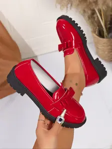 Women's Fashion Comfortable Casual Flat Loafers, Bow Design High Glossy Wear-Resistant Rubber Sole, Perfect for All Activities and School, Walking Shoes, Footwear