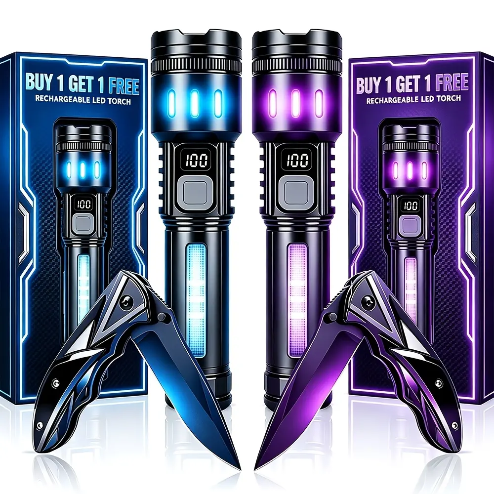 Outdoor Survival Flashlight Knife Set - Rechargeable Bright LED Flashlight with Built-in Light, Portable High Performance Pocket Knife, Zoomable Emergency Camping Gear (Buy 1 Get 1 Free, Total 2pcs) Father's Day Gift for Men