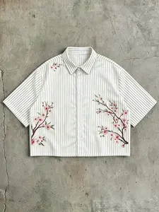 1 Pc Unisex Cropped Short Sleeve Button Down Shirt Vertical Striped Non-Printed Cherry Blossom Pattern Casual Top for Daily Street Wear